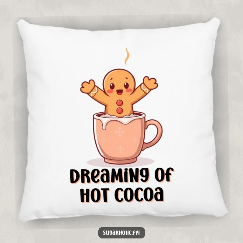 Funny pillow with a surprised gingerbread man character mid-leap over a steaming cocoa mug, offering a soft humorous accent.
