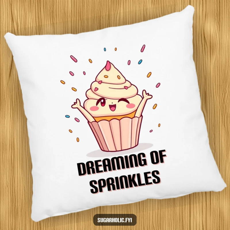 Funny Pillow: Soft cushion displaying a winking cupcake character joyfully reaching for falling sprinkles, bringing sweet comfort.