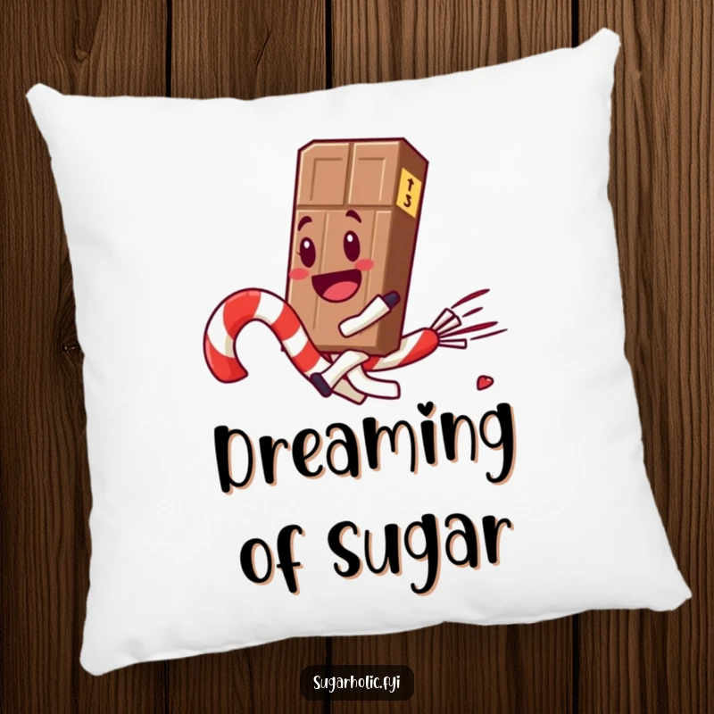 Funny chocolate bar character joyfully rides a runaway candy cane, a plush and humorous addition to any cozy space.