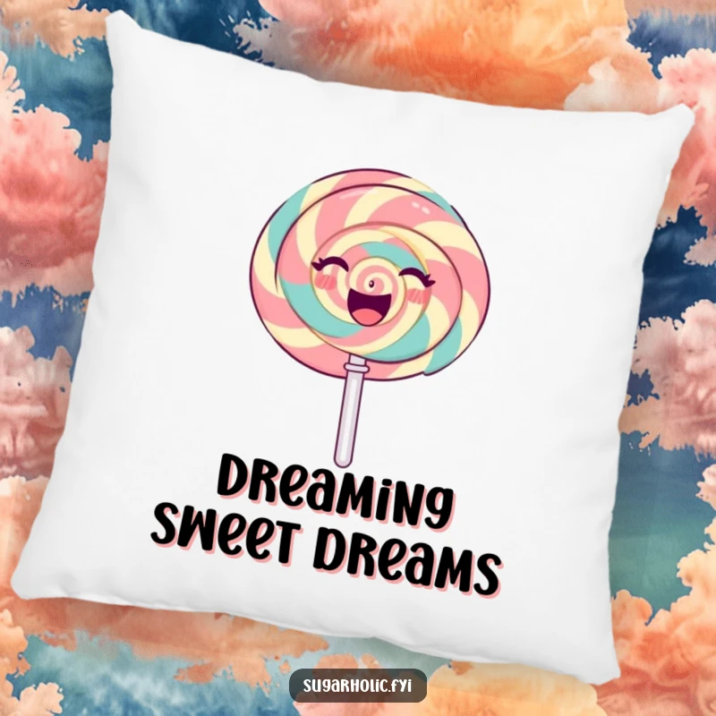 Funny gleeful lollipop character spinning with a radiant, sweet expression, a plush and funny decorative pillow.