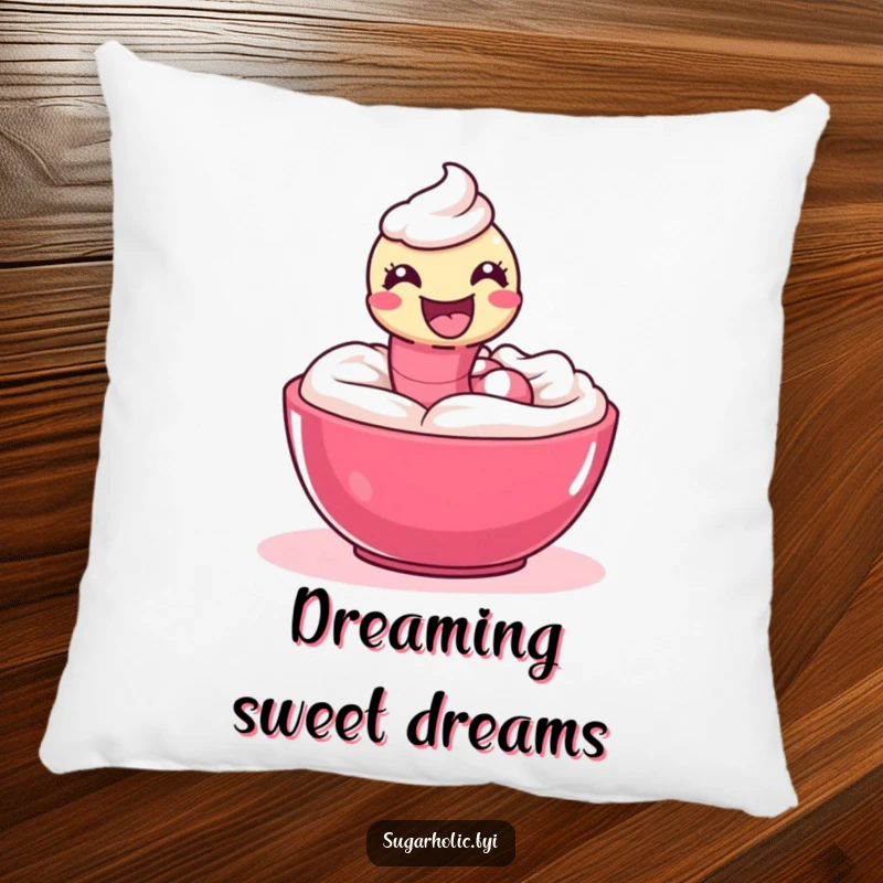 Funny Pillow with a delighted gummy worm playfully slithering through icing, offering comfort and sweetness.