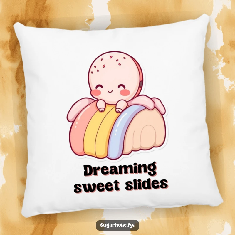 Funny macaroon character blushing while sliding down a frosting rainbow, decorative throw pillow, comfortable and charming home accent.