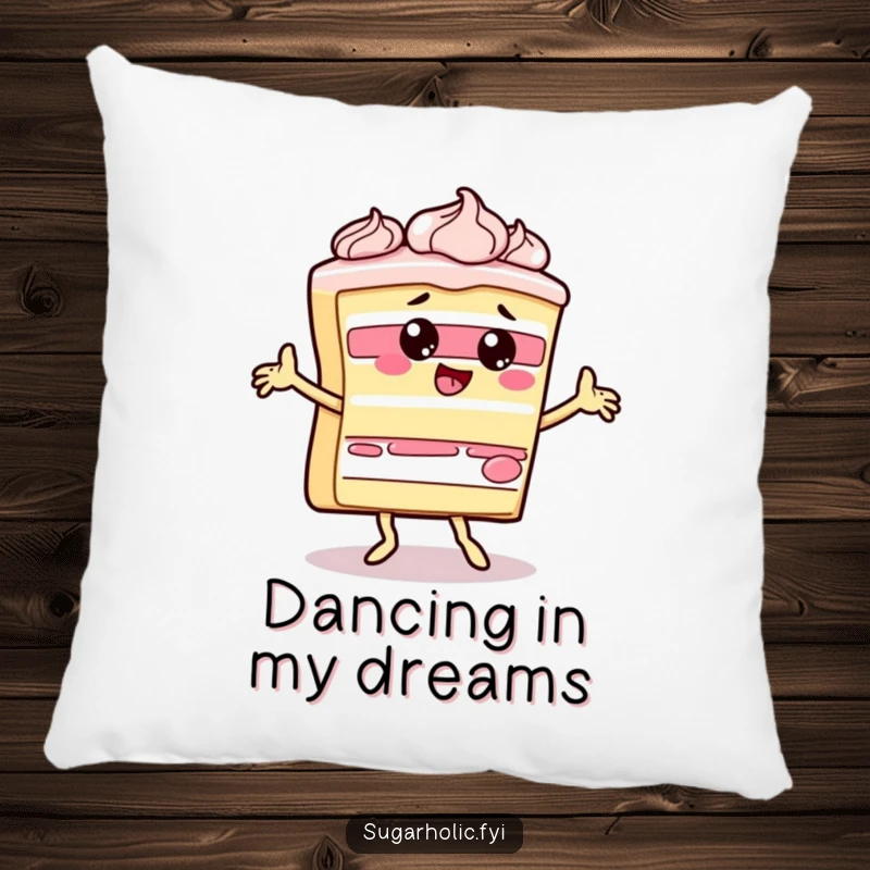 Funny slice of cake character doing a silly dance with frosting on a soft, comfortable, and humorous pillow.