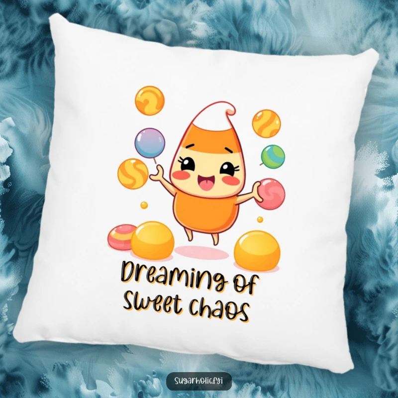 Funny Pillow: A soft cushion featuring a beaming candy corn character skillfully juggling colorful gumdrops, bringing playful comfort.