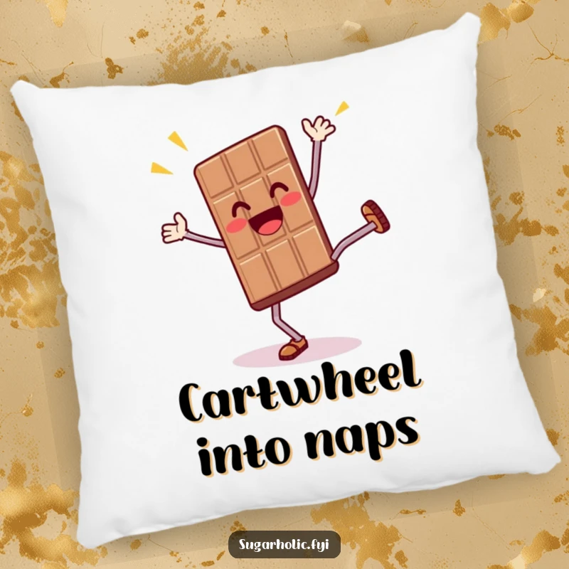 Funny pillow featuring a thrilled anthropomorphic chocolate bar character doing a cartwheel, offering soft comfort and humorous energy.