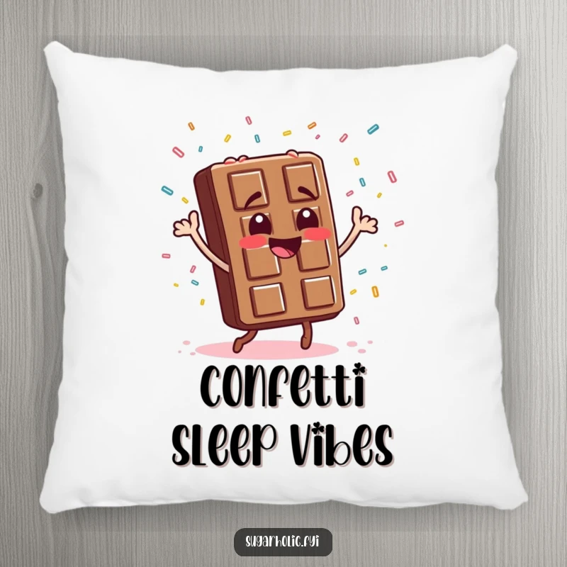 Funny chocolate bar character dancing merrily, surrounded by a cascade of colorful candy sprinkles, a plush and funny pillow.