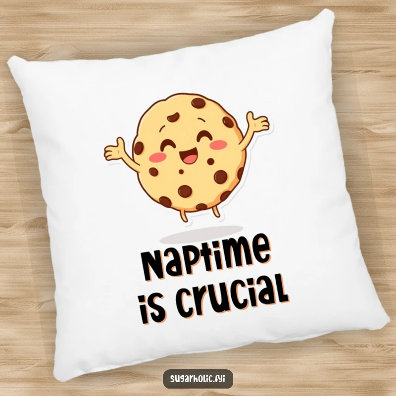 Funny cookie character with chocolate chips doing a joyful dance on a plush pillow, adding comfort and humor to any space, a funny gift.