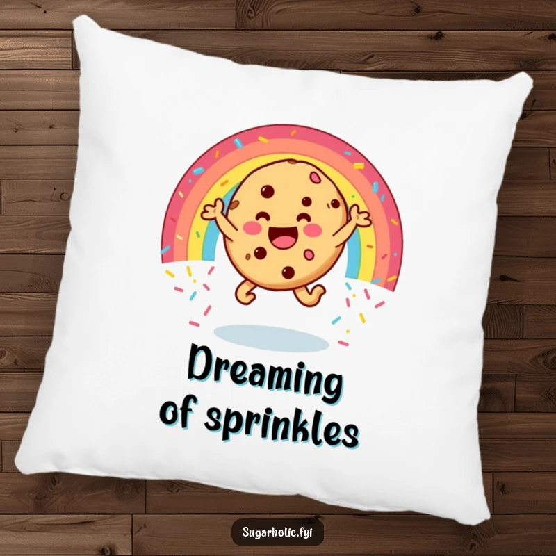 Funny cookie pillow featuring a happy character leaping through a rainbow of sprinkles, comfy and hilarious hug of happiness for any room.