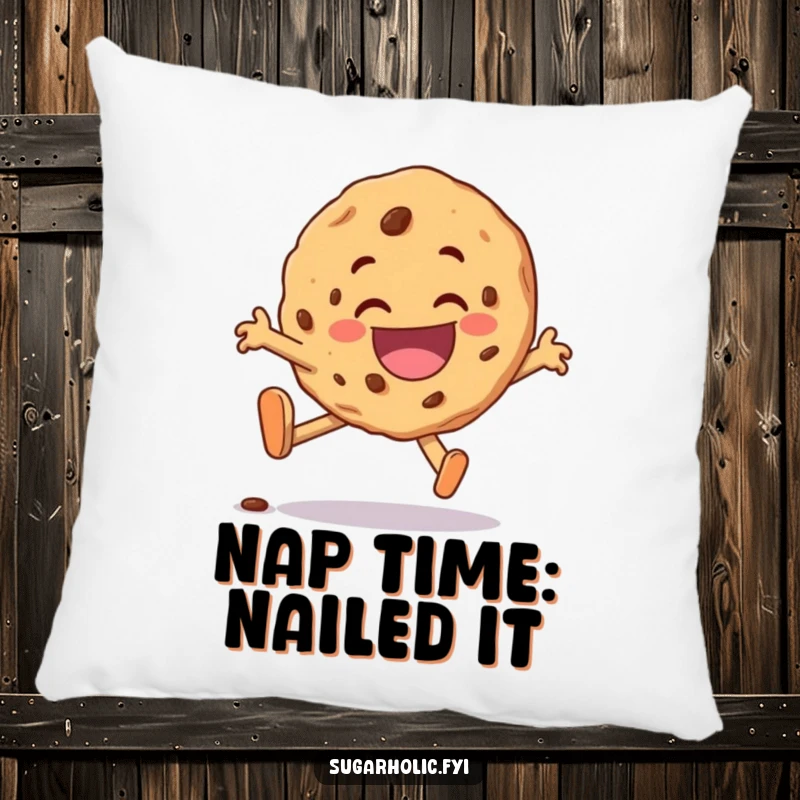 Funny cookie character pillow, comically tripping yet landing with a delighted grin, a soft and humorous decorative accent.