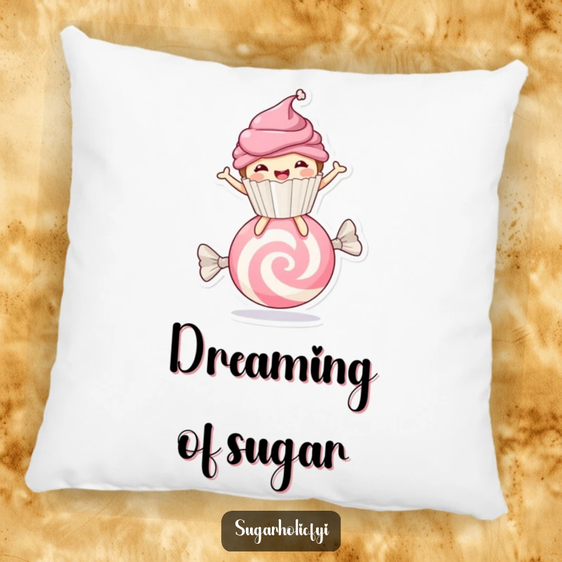 Funny cupcake character bouncing happily on candy, decorative throw pillow, comfortable and sweet home accent.