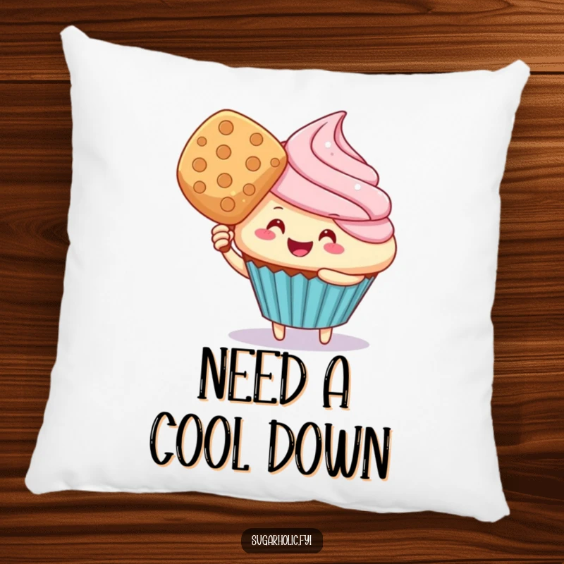 Funny cupcake character fanning itself with a wafer, designed on a soft pillow for cozy and comical relaxation.