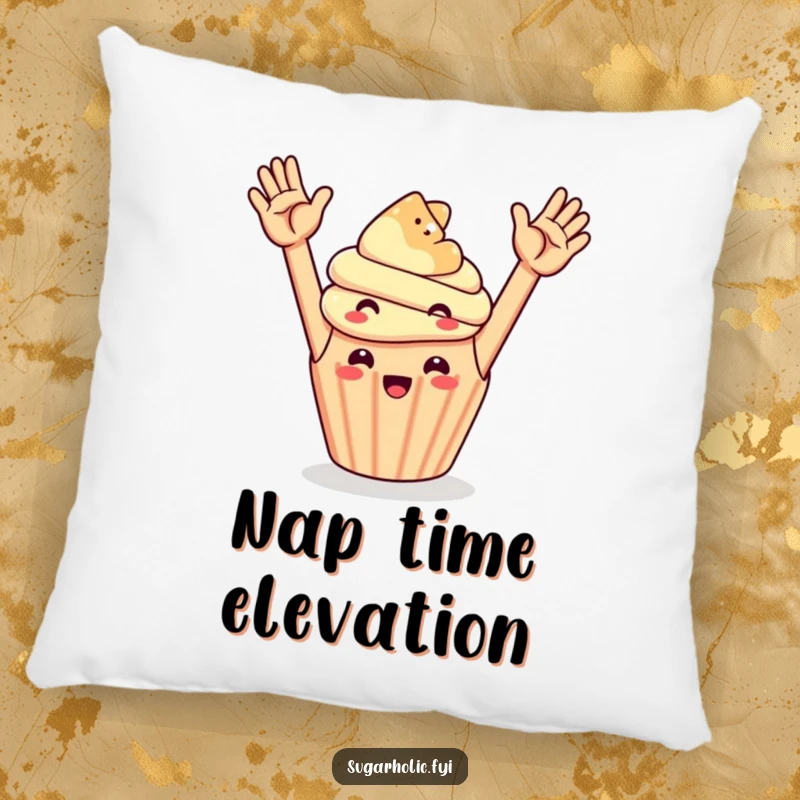 Funny cheerful cupcake attempting a high five with a floating gummy bear, a soft and humorous decorative pillow.