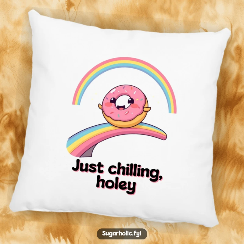 Funny smiling donut character comically sliding across a rainbow bridge, a soft and humorous decorative pillow.