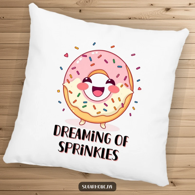 Funny Pillow featuring a laughing donut character juggling colorful sprinkles with a cozy and happy demeanor.