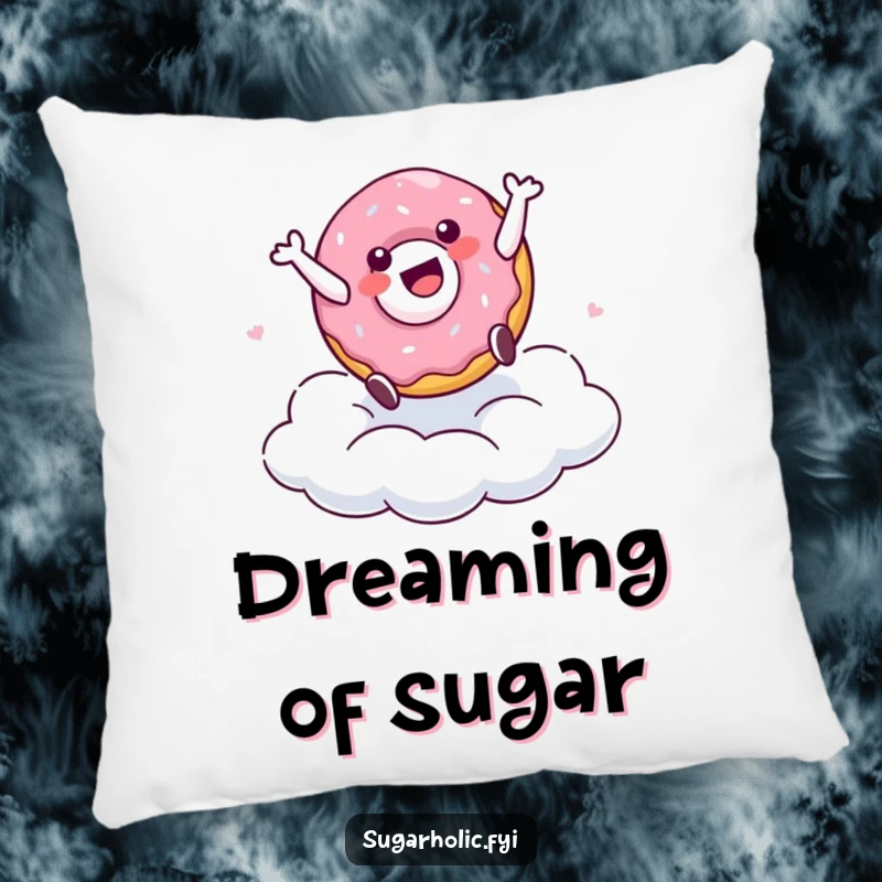 Funny pillow with a delighted doughnut character performing a cartwheel on a sugary cloud, offering a cozy and humorous decorative accent.