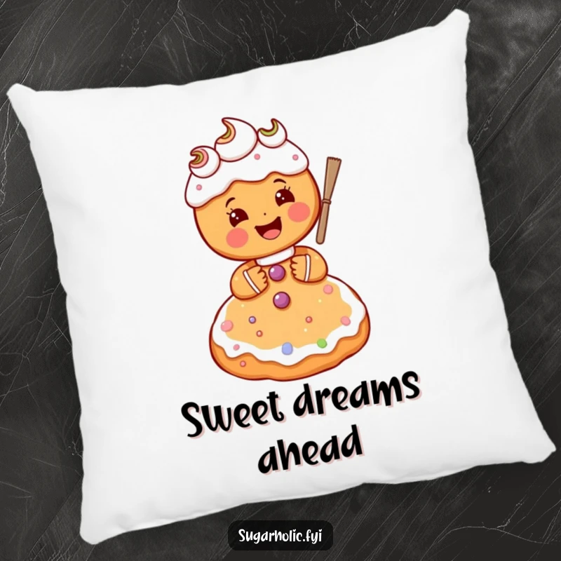 Funny gingerbread person character gleefully frosting a giant sugar cookie, a soft and humorous accent pillow.