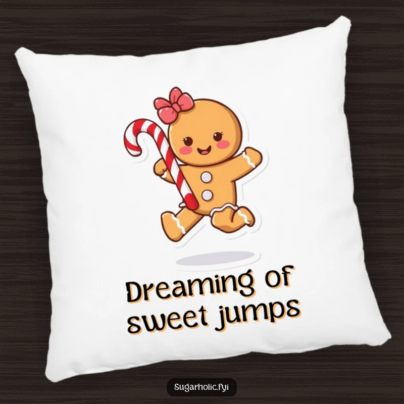 Funny gingerbread cookie character skipping joyfully with a candy cane, presented on a soft and humorous pillow for comfort.