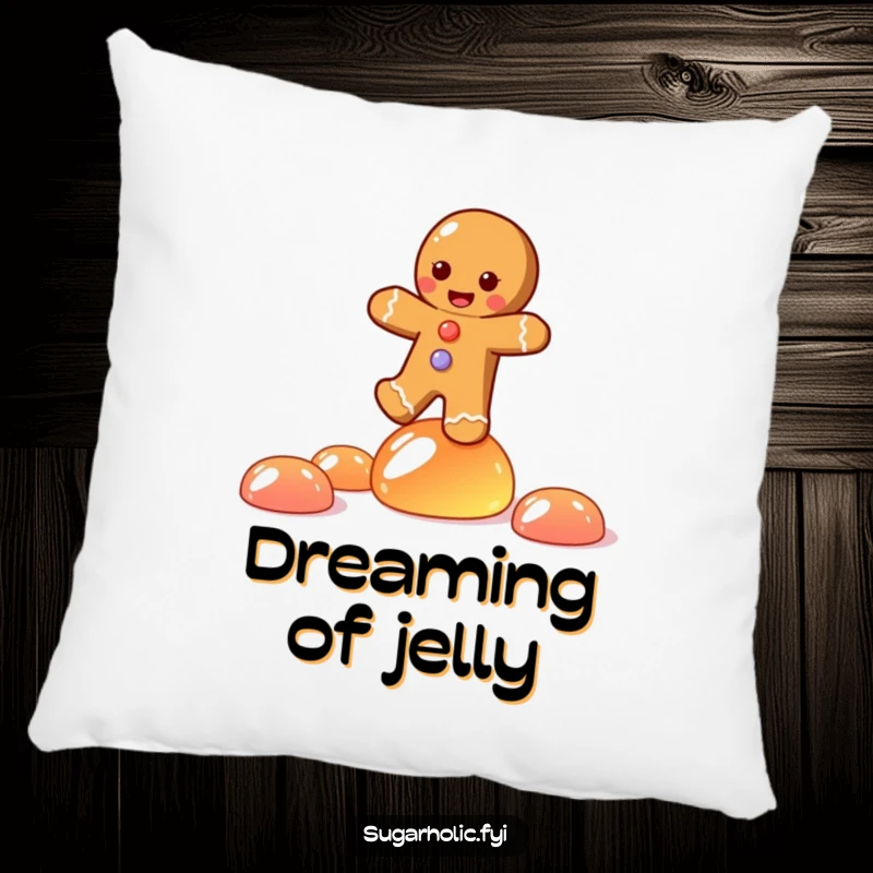 Funny pillow with a joyful gingerbread person character balancing on jelly candies, adding a soft touch of humor and cheer.