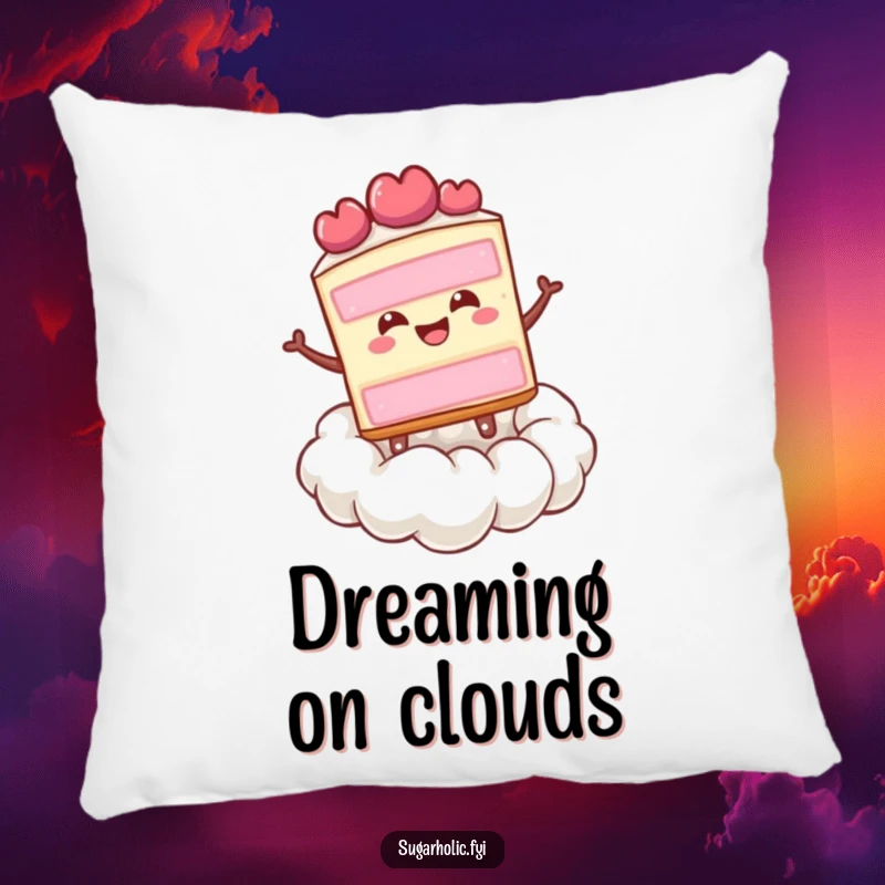 Funny happy slice of cake bouncing on a cloud made of whipped cream, a soft and humorous decorative pillow.