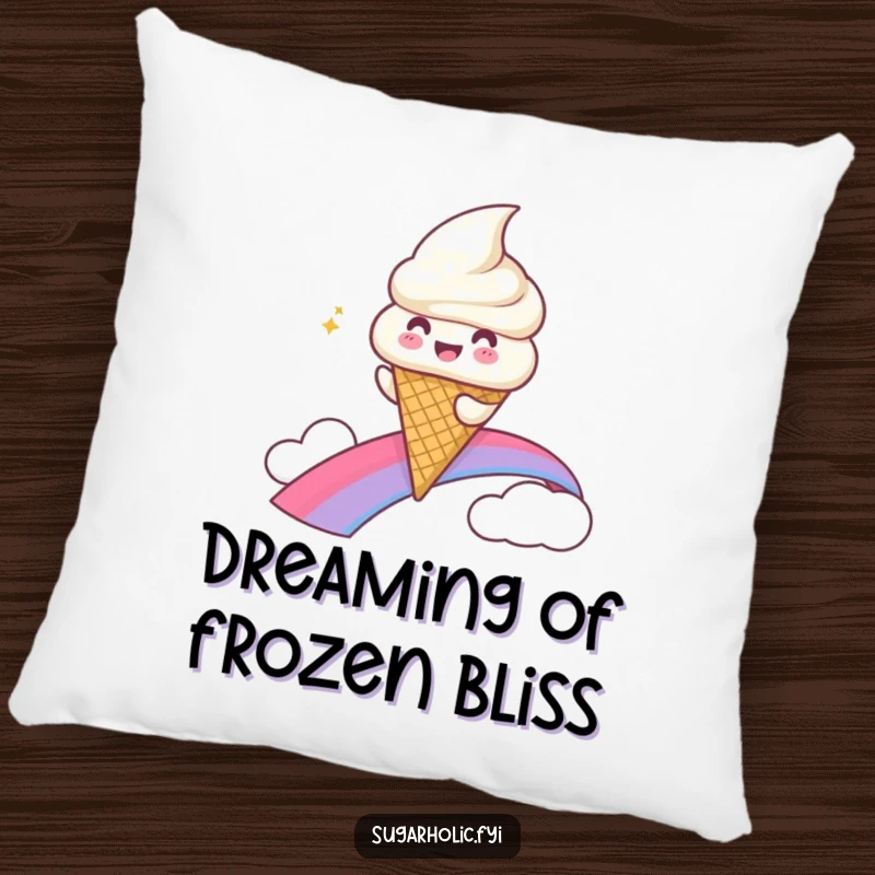 Funny Pillow featuring a gleeful ice cream cone character sliding down a rainbow, looking happy and content.