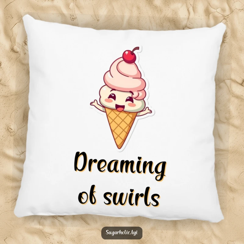 Funny ice cream cone character with a cherry on top giggling and spinning on a plush pillow, adding comfort, cheer, and humor, a funny gift.