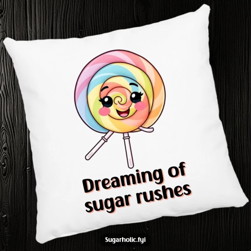 Funny Pillow: A soft cushion featuring a smiling lollipop character joyfully spinning, adding a touch of whimsical comfort and cheer.