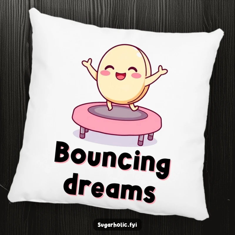 Funny macaron pillow featuring a delighted character bouncing on a jelly bean trampoline, comfy and hilarious accent for sofas and playful spaces.