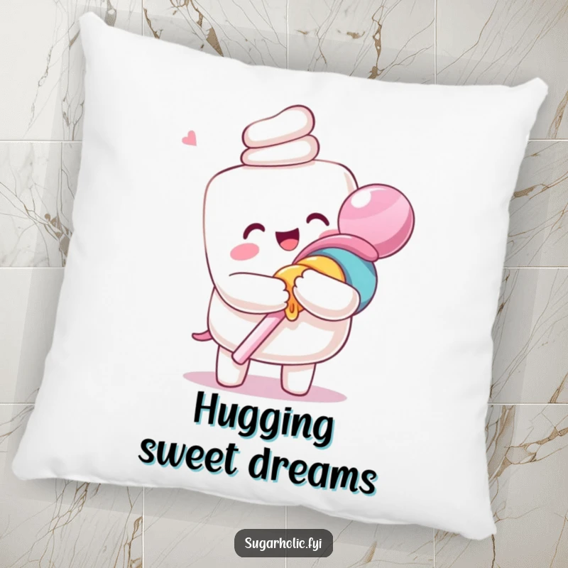 Funny pillow featuring an ecstatic anthropomorphic marshmallow character hugging a giant lollipop, offering soft comfort and sweet humor.