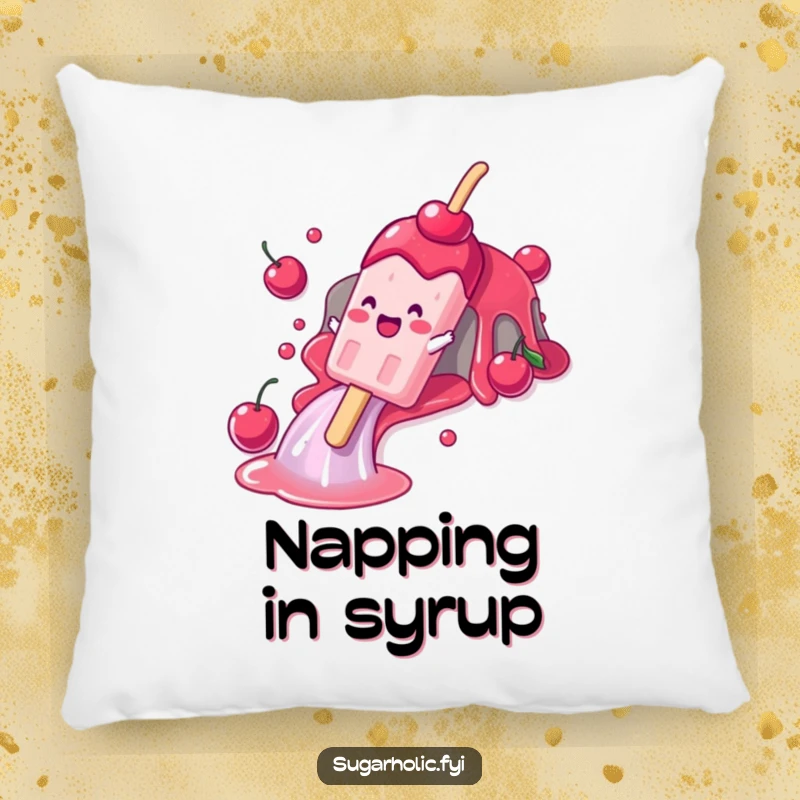 Funny pillow showcasing a gleeful popsicle character sliding down a cherry syrup waterfall, adding a refreshing and humorous touch to any space.