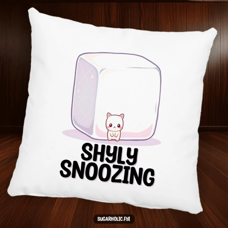 Funny shy candy character peeking from behind a giant, sparkling sugar cube, a soft and humorous decorative pillow.