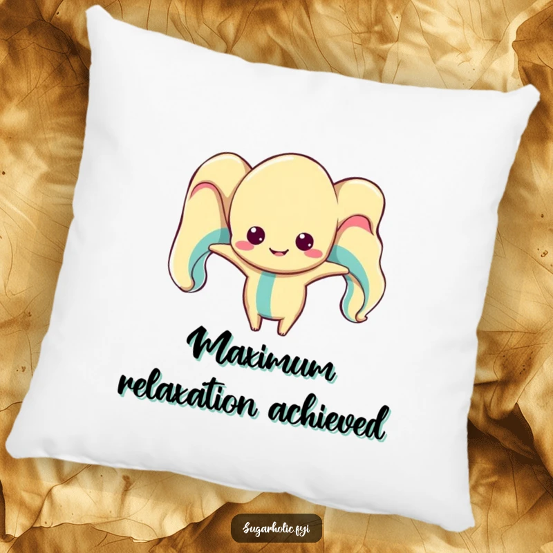 Funny taffy character pillow, humorously stretched and distorted, offering a soft, silly, and stretchy decorative accent for any couch.