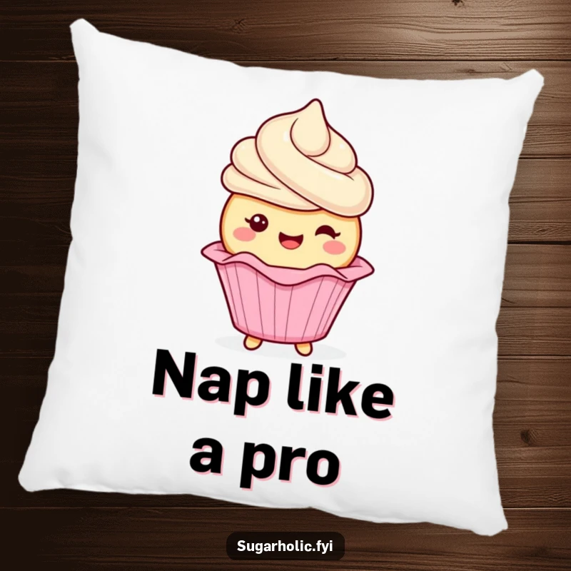 Funny cupcake character with frosting gleefully wiggling its wrapper on a plush pillow, adding comfort, cuteness, and humor, a funny gift.