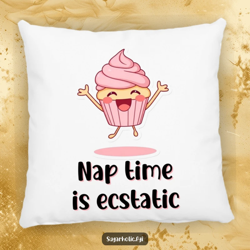 Funny excited cupcake character bouncing with glee, a soft and humorous pillow, cozy decor for laughter.