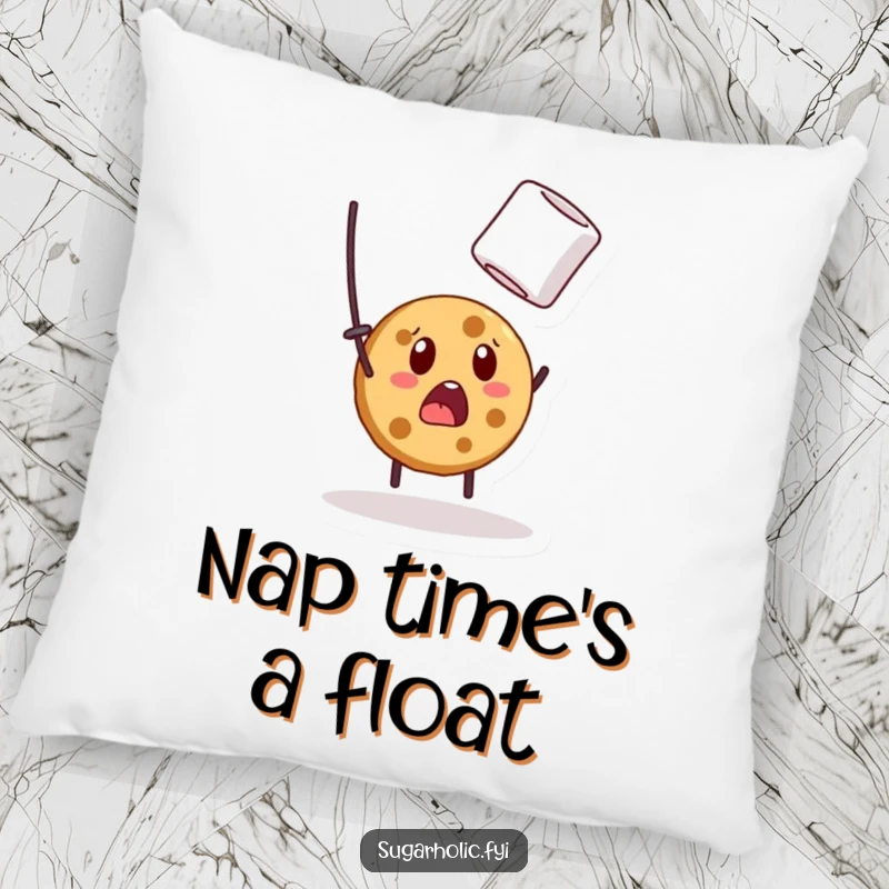 Funny pillow displaying a surprised cookie character comically trying to catch a floating marshmallow, adding a soft touch of humor.