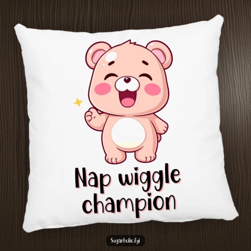 Funny Gummy Bear Pillow featuring a thrilled gummy bear character doing a joyful wiggle, providing soft comfort and humorous appeal.