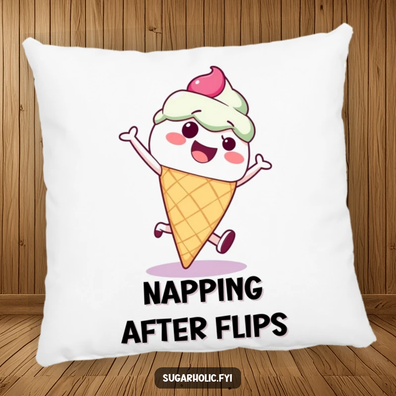 Funny ice cream cone character doing a cartwheel, making this a soft, comfortable, and humorous pillow for relaxation.