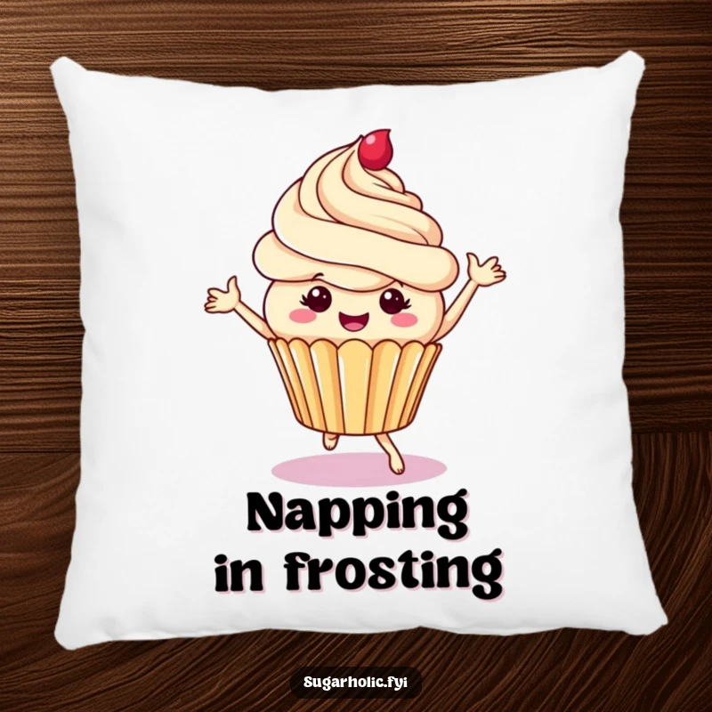 Funny cupcake pillow featuring a cheerful character dancing with frosting swirls, comfy and hilarious accent for sofas, beds, and sweet-themed rooms.