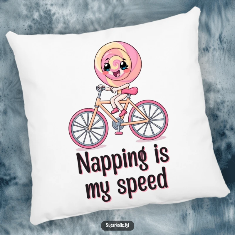Funny lollipop character pedals a rock candy bicycle, a soft and humorous accent for relaxation on this pillow.