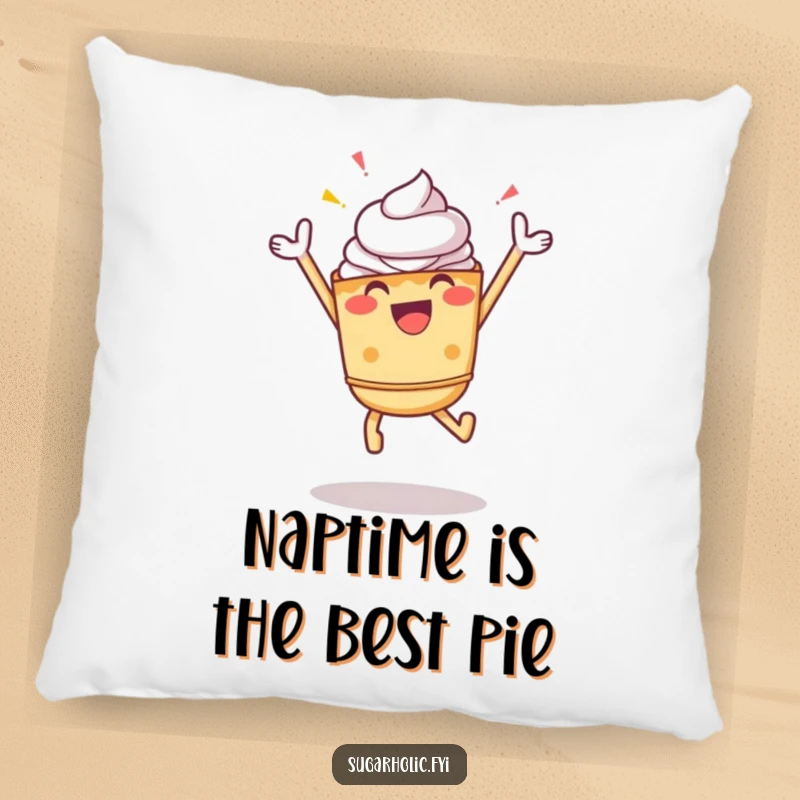 Funny Pie Pillow: A plush cushion depicting a cheerful pie character joyfully leaping in the air, for ultimate comfort and cheer.