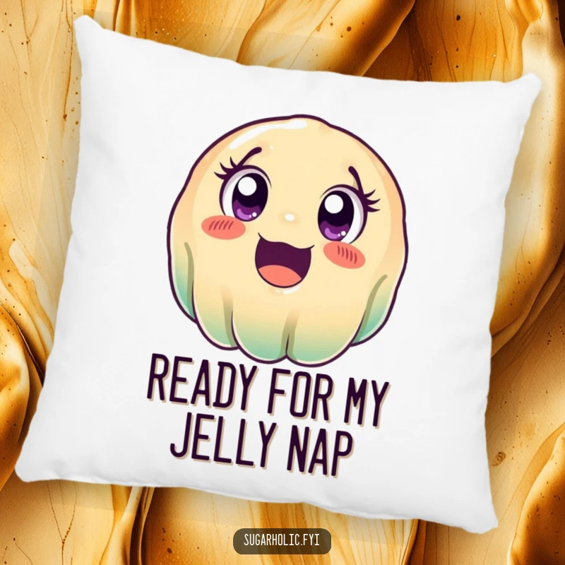 Funny wobbly jelly pillow, a soft cushion depicting a cute, excited cartoon jelly character rolling happily, perfect for comfort and humor.