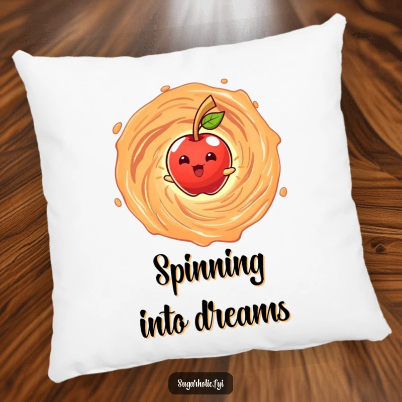 Funny pillow featuring a beaming anthropomorphic candy apple character spinning in a caramel vortex, offering soft comfort and sweet humor.