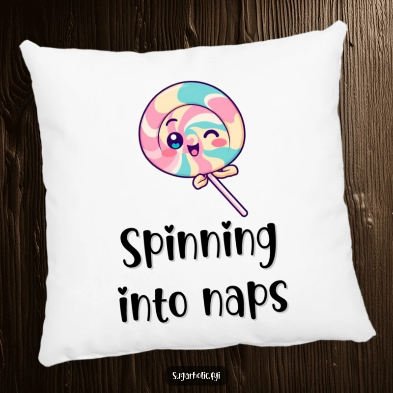 Funny Lollipop Pillow featuring a playful lollipop character spinning with delight, a soft and funny gift.