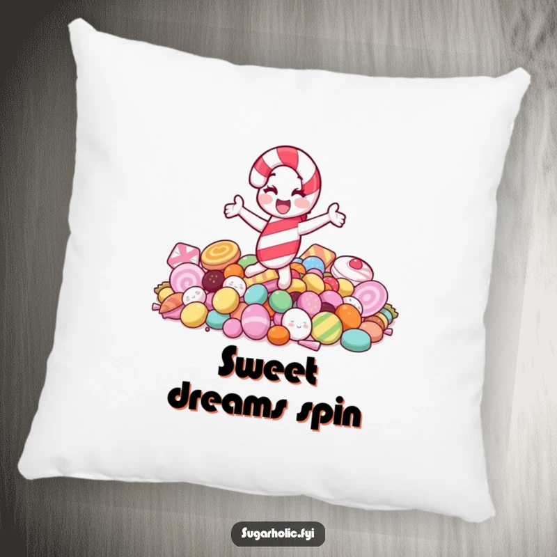 Funny pillow with a joyful candy cane character spinning on a pile of sweets, offering a soft, sweet, and humorous accent.