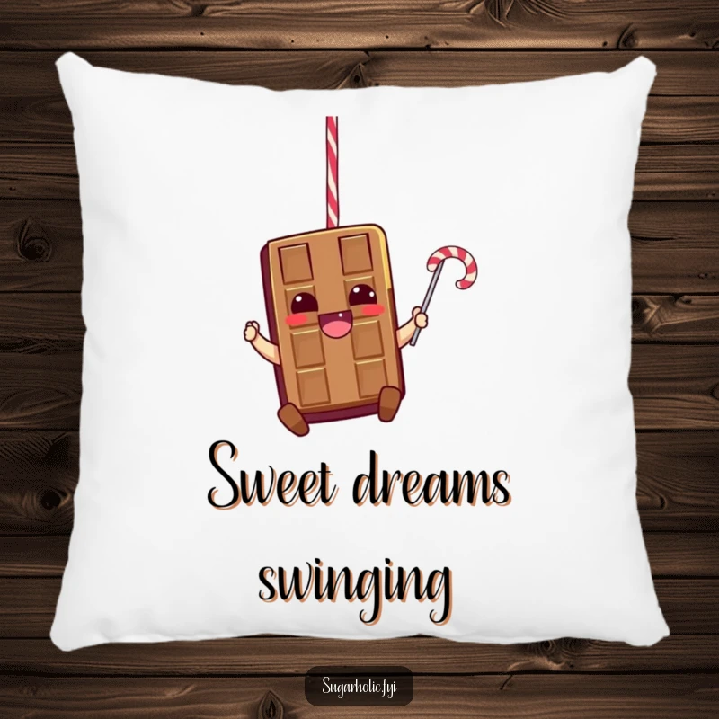 Funny pillow showcasing a thrilled chocolate bar character swinging from a licorice rope, adding a touch of playful comfort to any room.