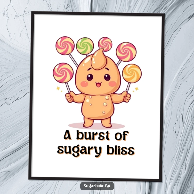 Funny Caramel Candy Digital Art Print: A blushing character humorously juggling colorful gumdrops, ready to brighten any wall.