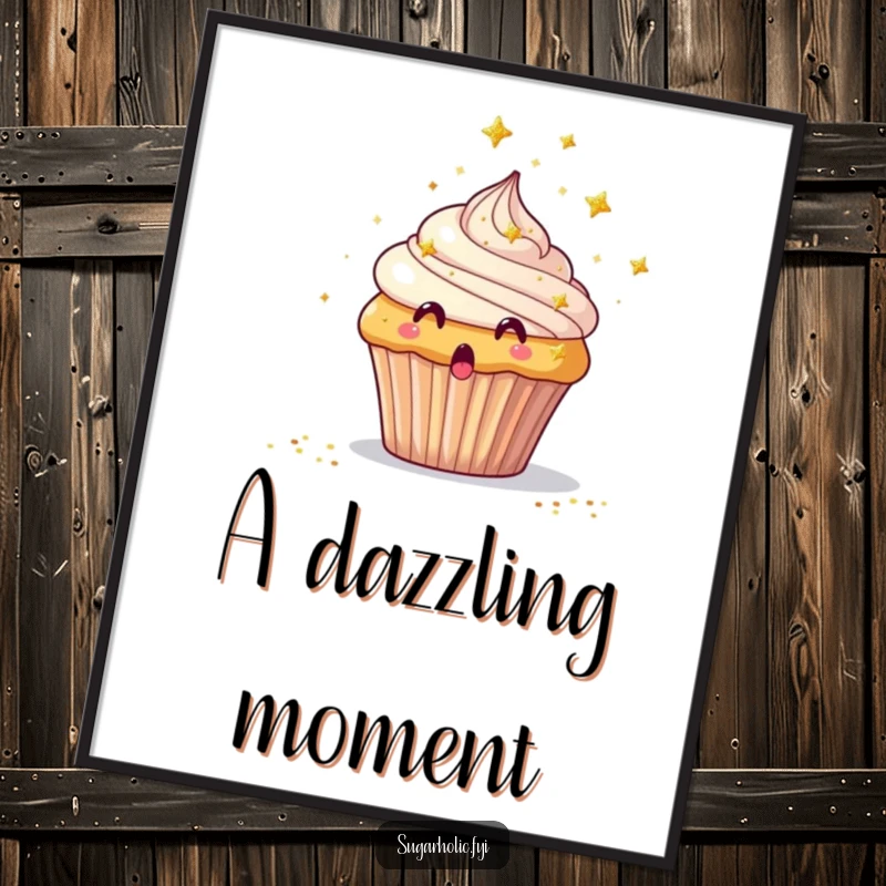 Funny Digital Art Print of a surprised cupcake being showered with tiny edible glitter stars, capturing delight.
