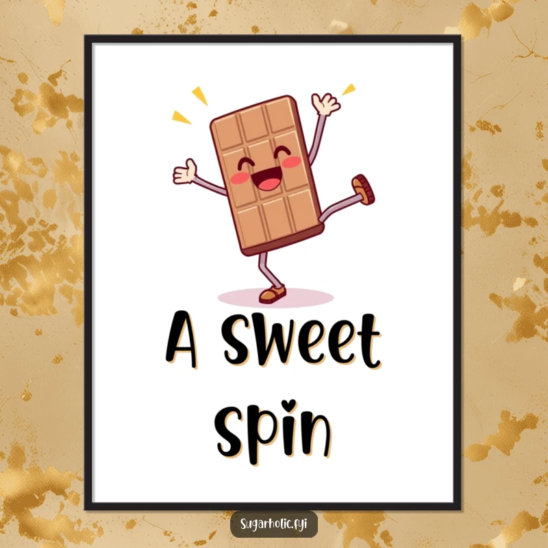 Funny digital art print of a thrilled anthropomorphic chocolate bar character doing a cartwheel, for humorous and energetic wall decor.