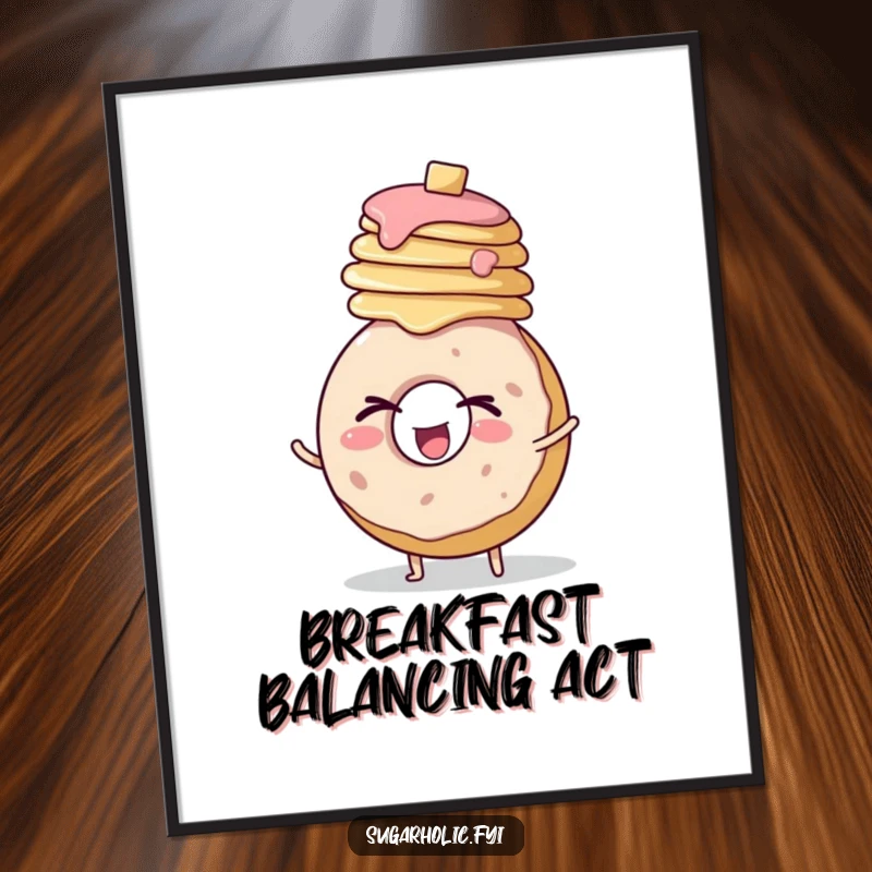 Funny digital art print of a round donut character winking with gusto while balancing a stack of pancakes.