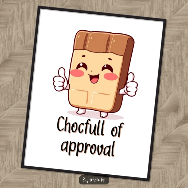Funny Digital Art Print: A high-resolution image of a blushing chocolate bar character giving two thumbs up, ready for display.