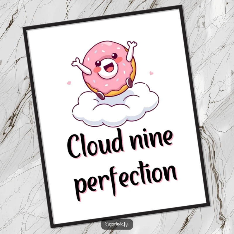 Funny digital art print of a delighted doughnut character cartwheeling on a sugary cloud, offering a burst of color and playful energy.